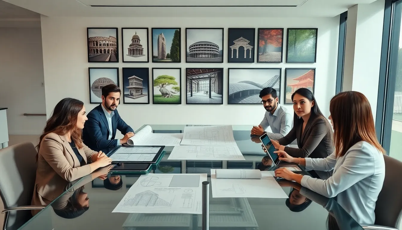 diverse team discussing architecture concepts in a modern office.