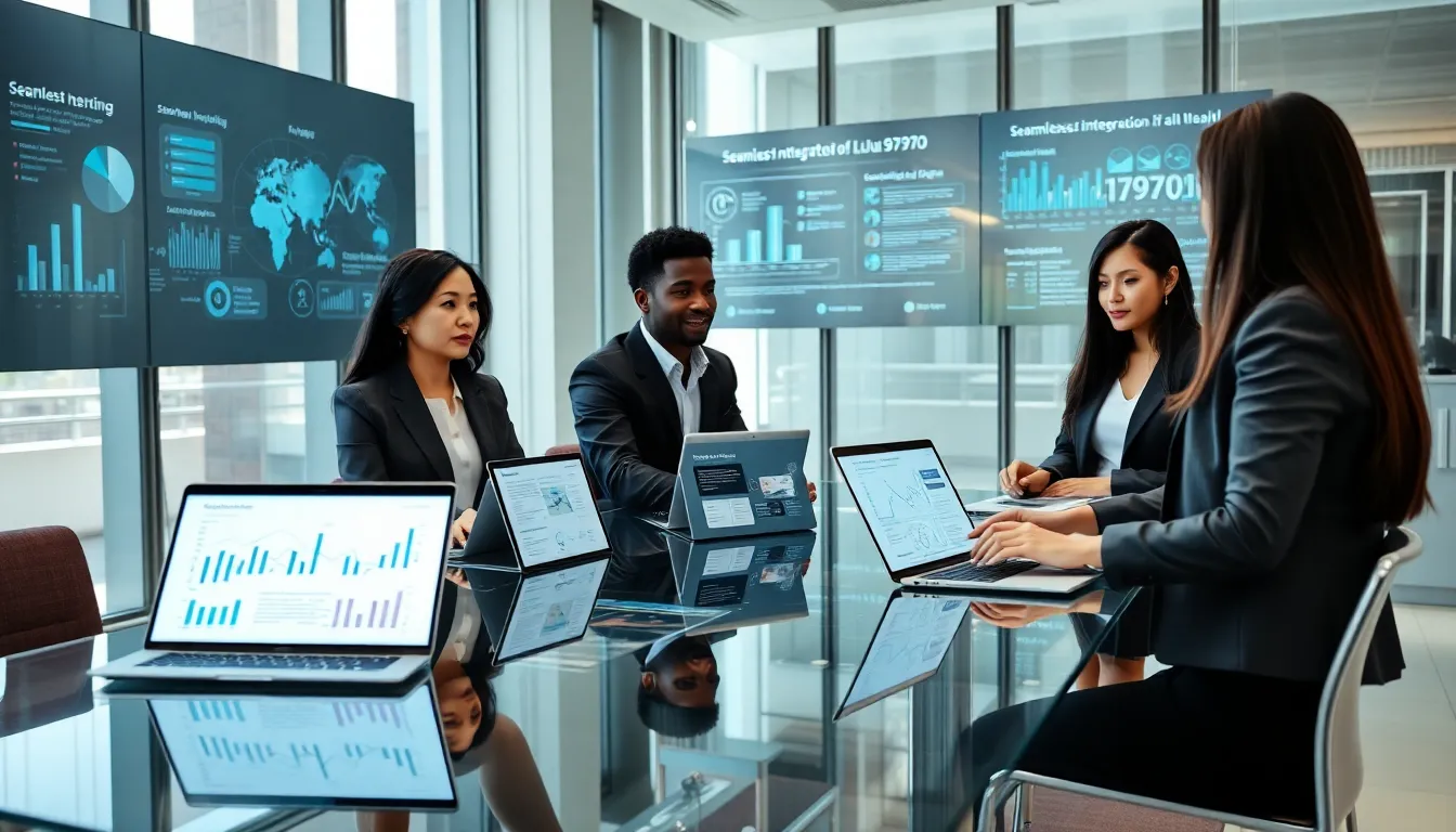 diverse team discussing technology in a modern office setting.
