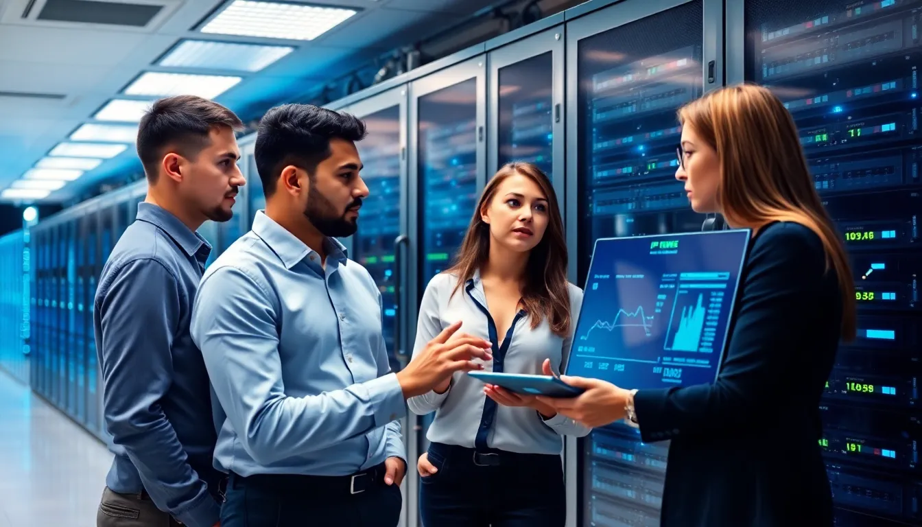 IT professionals in a modern data center analyzing network data.