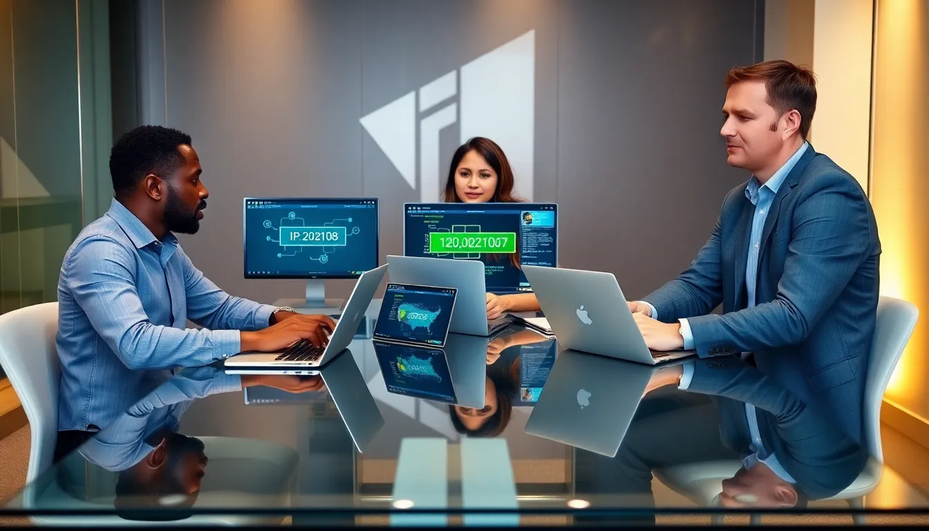 professionals discussing IP addresses in a modern office.