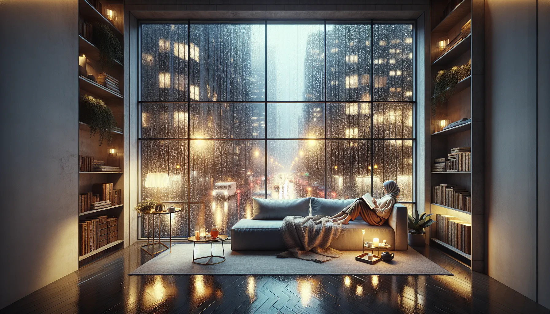 cozy reading nook on a rainy night.