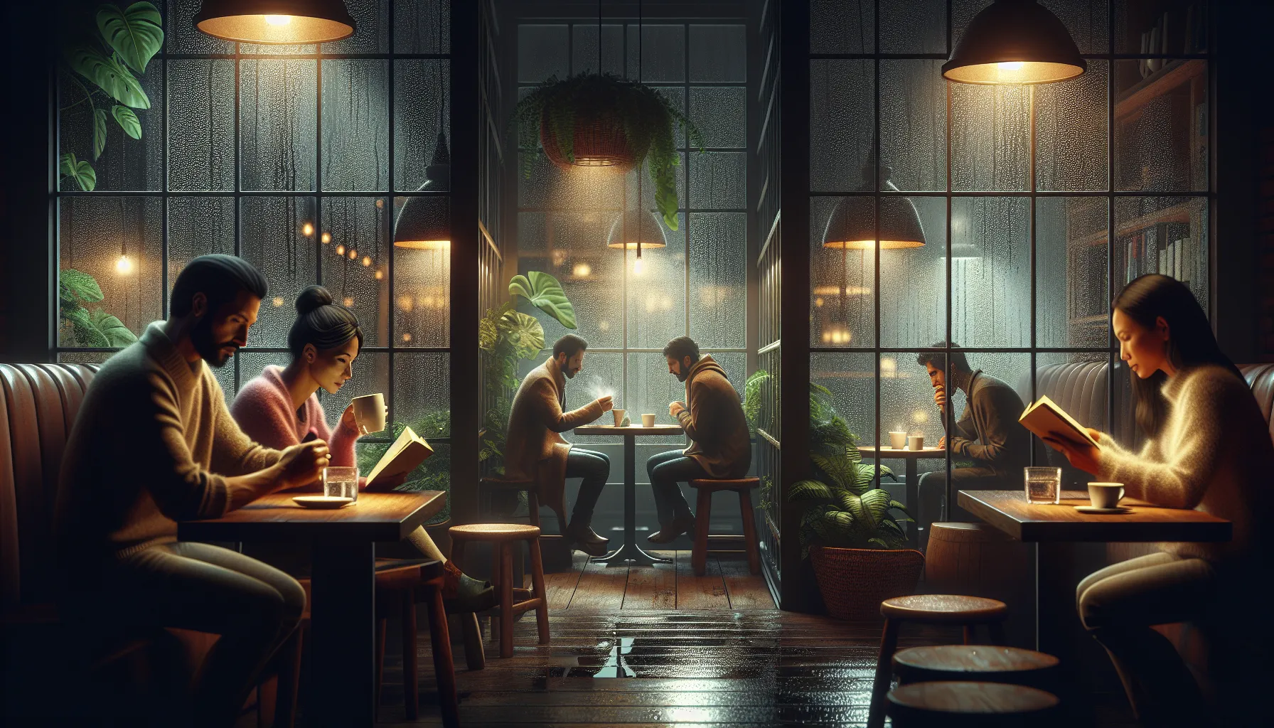 cozy coffee shop with people enjoying music on a rainy night.