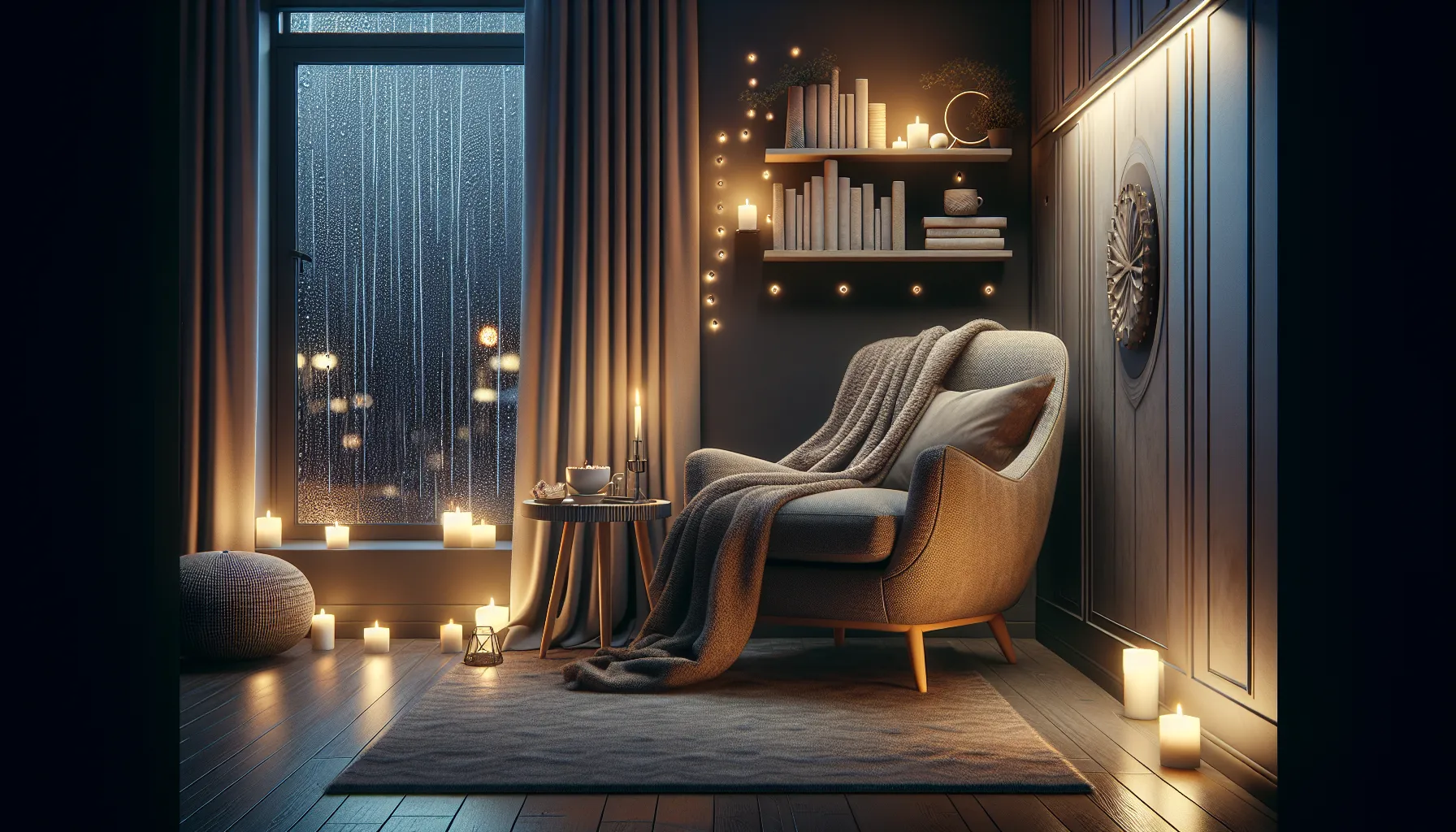 a cozy living room corner with blankets, cocoa, and soft lighting.