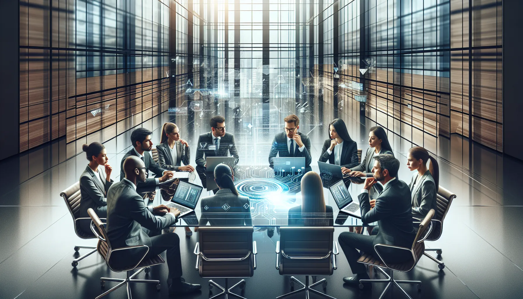 diverse professionals discussing data management in a modern office.