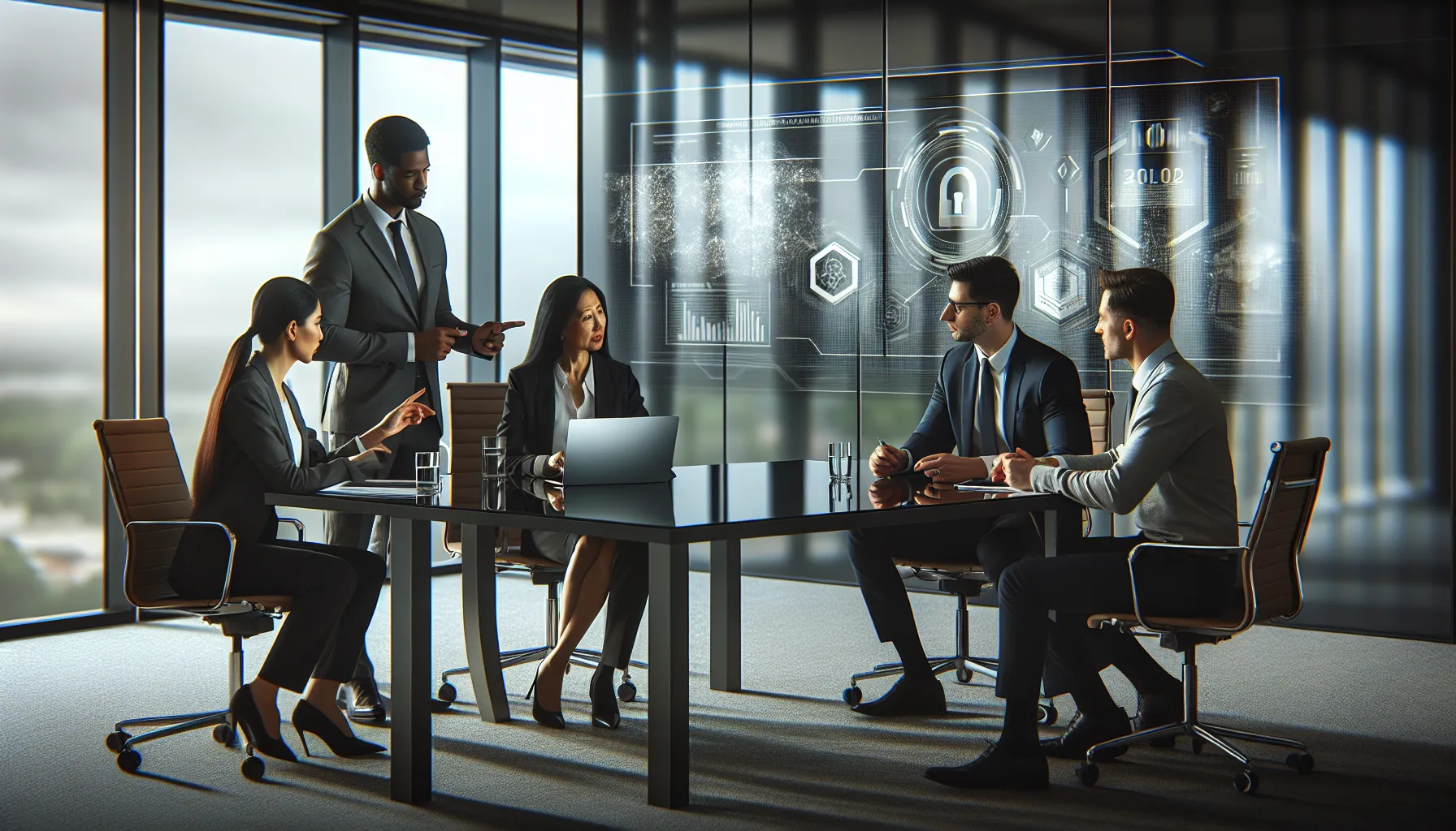 professionals discussing data security in a modern office.