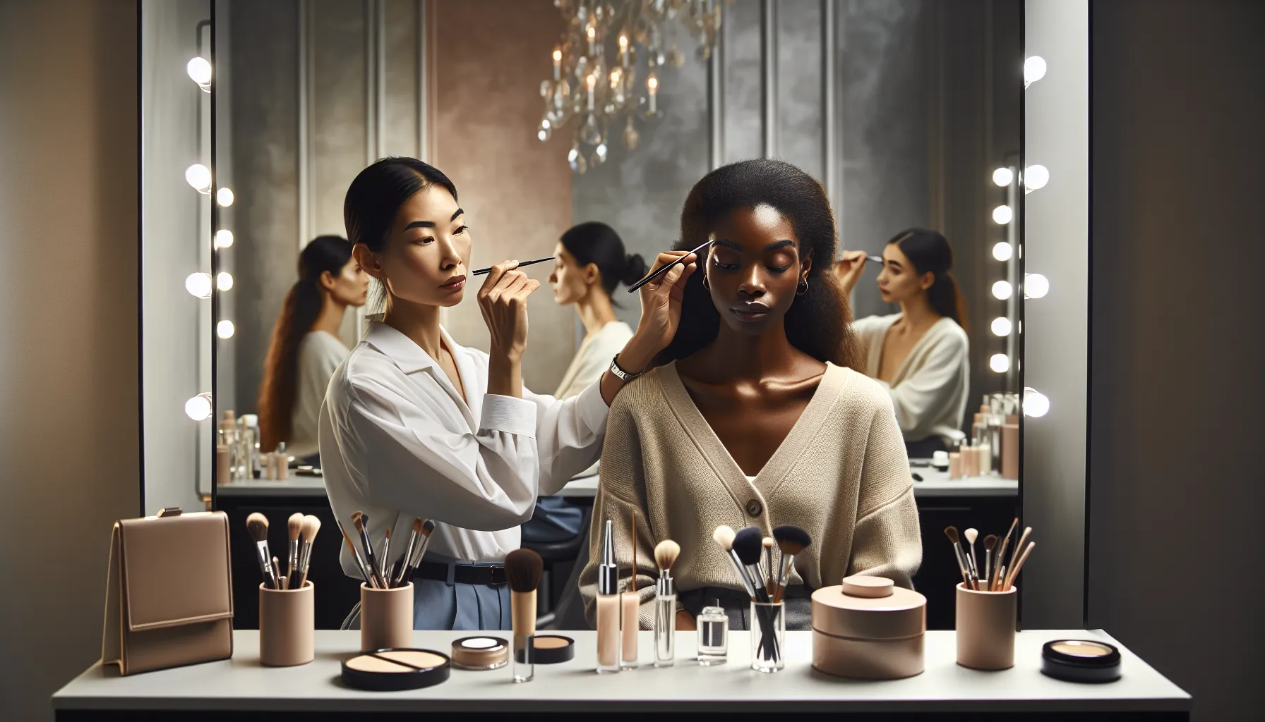 diverse professionals shaping eyebrows in a modern beauty studio.