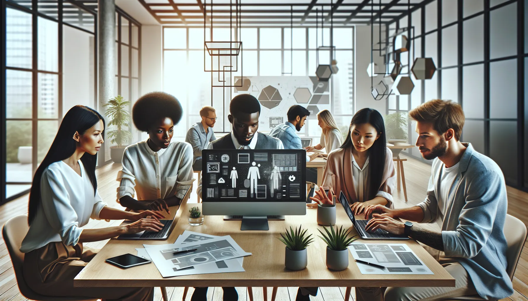 diverse team collaborating on technology in a modern office setting.